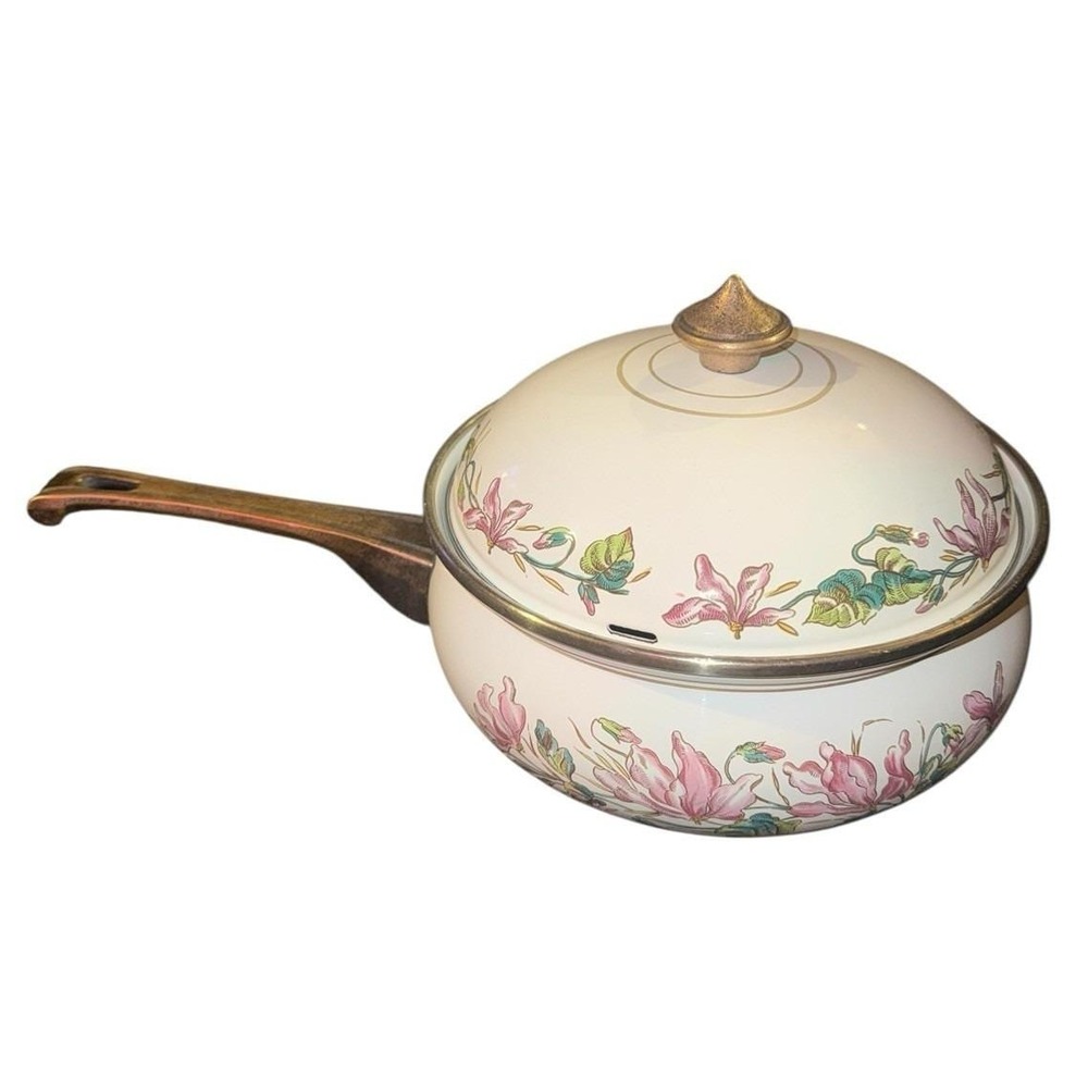 Vintage ASTA German Enamel Covered Sauce Pan Brass Handle Floral Pink